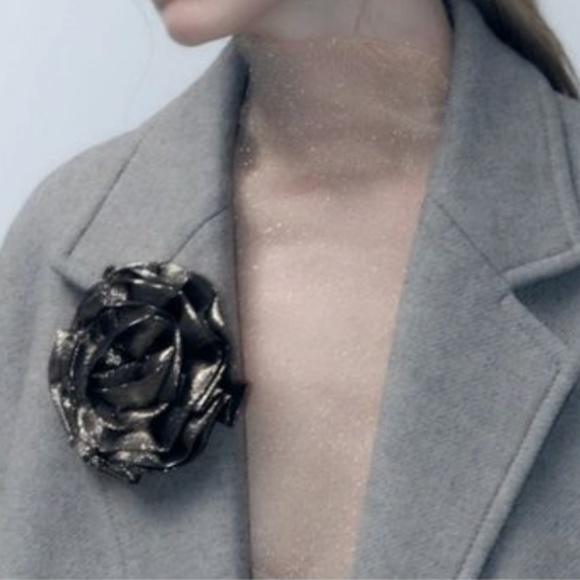 Zara silver black silk blend floral brooch NWT - Picture 2 of 6